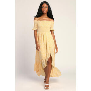 Lulus Fleur-tation Yellow Floral Print Off-the-shoulder Midi Dress - Size L